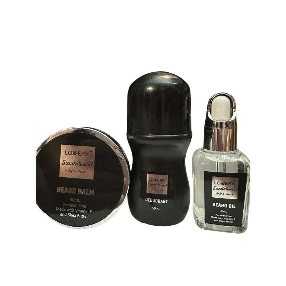 Lovery Mens  Sandalwood Beard Balm, Oil & Deodorant Set new